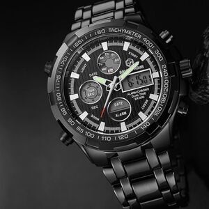 GOLDEN‎ HOUR Stainless Steel AnalogDigital Outdoor Sport WaterproofBig Heavy Nwt